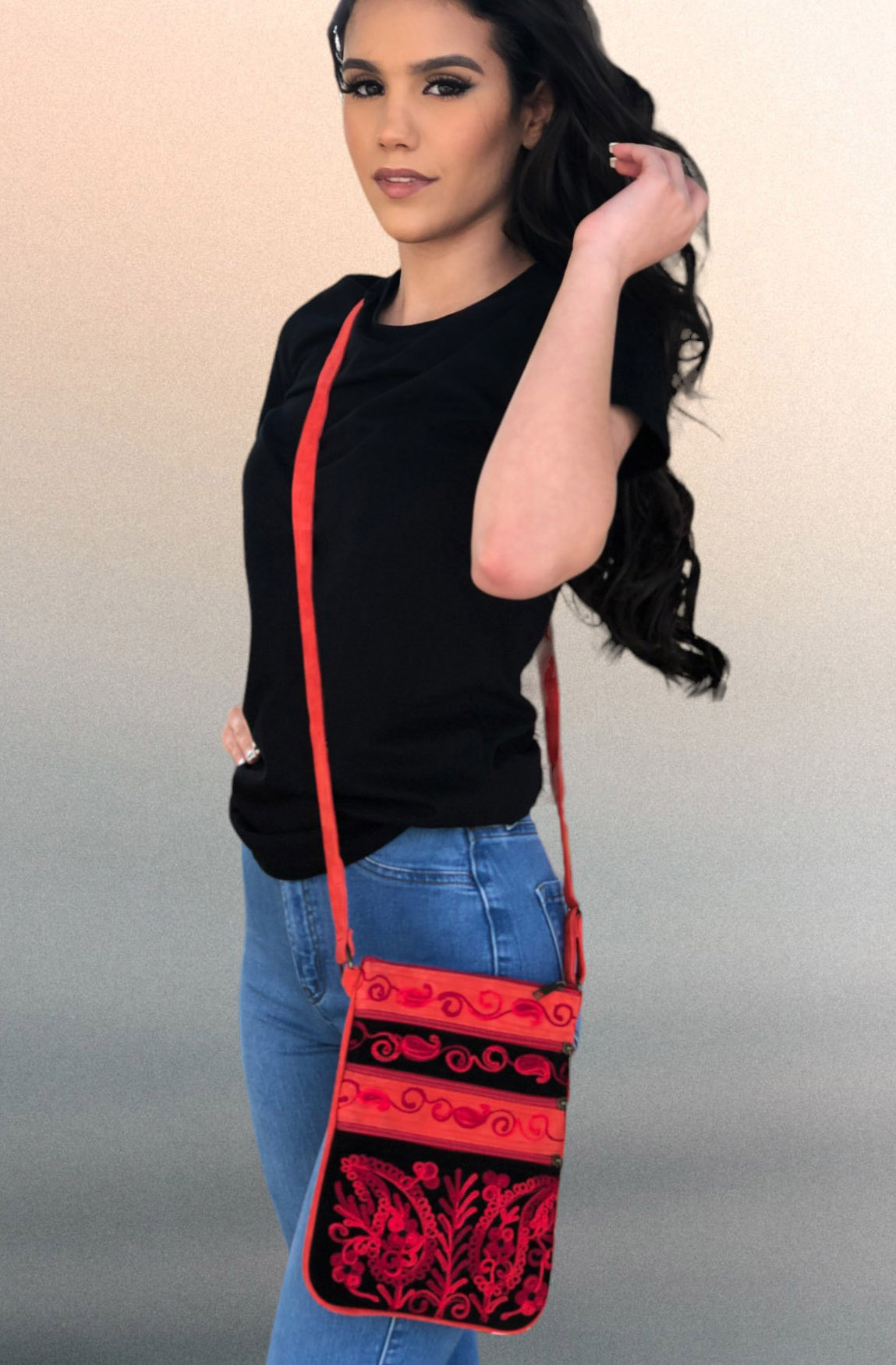 Suede Embroidered Black and Red Five Zipper Crossbody Bag