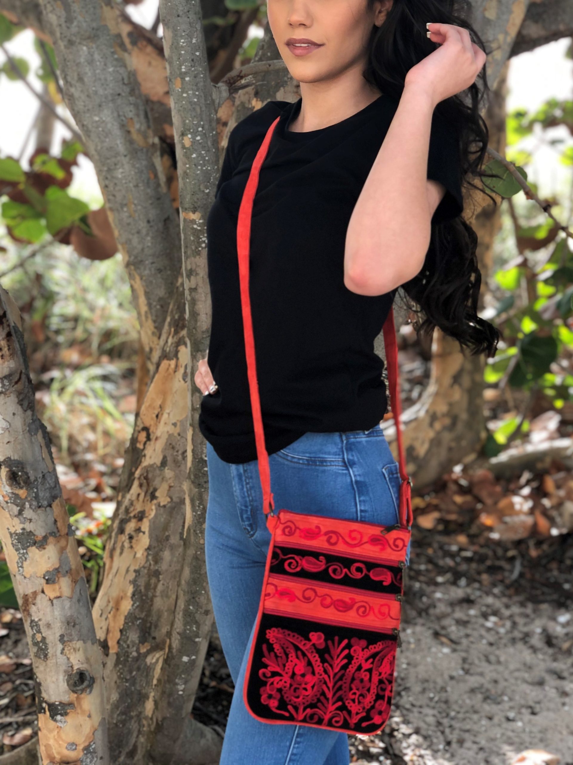 Suede Embroidered Black and Red Five Zipper Crossbody Bag