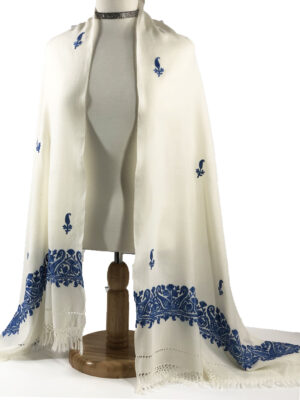 Sapphire and Ivory Embroidered Wool Wrap