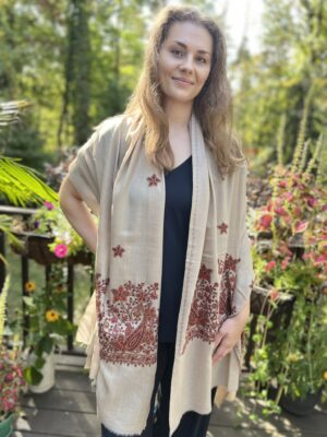 Beige Wool Embroidered Kashmir Paisley Shawl