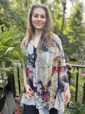 Gray and White Digitally Printed Wool Scarf