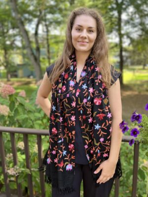 Black Wool Kashmir Floral Stole Pink Embroidery