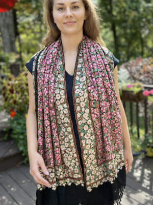 Hand Embroidered Wool Stole: Kashmir Papier Machie Shawl