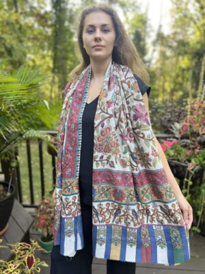 Hand-Painted Kalamkari Wool Shawl: Vibrant Kashmir Art Stole